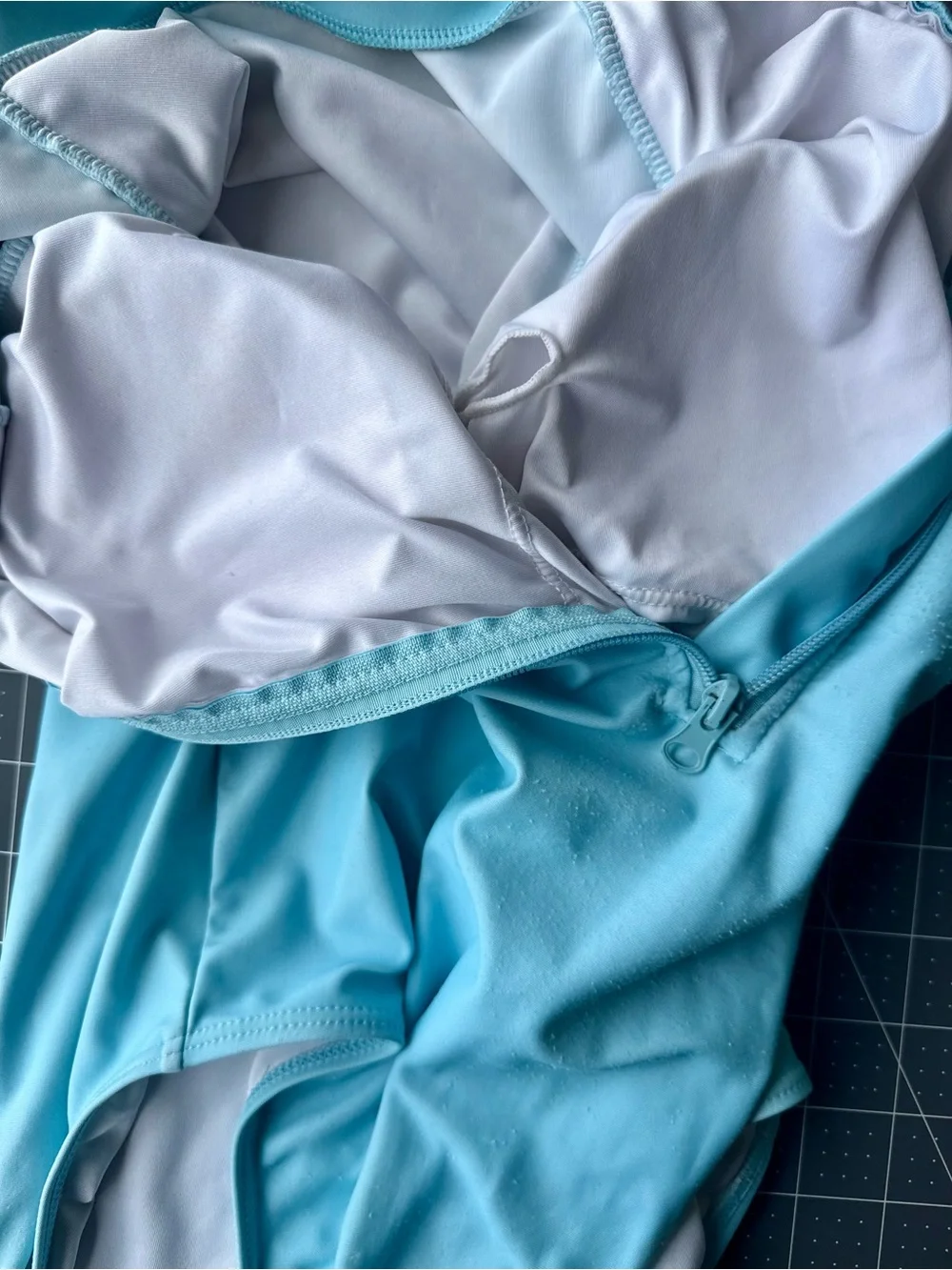 Long Sleeve Zip Front One Piece Swimsuit * Sky Blue Checker * Girls